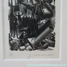 Load image into Gallery viewer, SCOTTISH ART. Rare Original 1947 Wood Engraving by Jozef Sekalski. Design for a Christmas Card Entitled "Boogie Woogie". Pencil Signed
