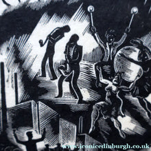 Load image into Gallery viewer, SCOTTISH ART. Rare Original 1947 Wood Engraving by Jozef Sekalski. Design for a Christmas Card Entitled "Boogie Woogie". Pencil Signed
