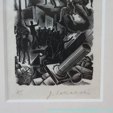 Load image into Gallery viewer, SCOTTISH ART. Rare Original 1947 Wood Engraving by Jozef Sekalski. Design for a Christmas Card Entitled "Boogie Woogie". Pencil Signed
