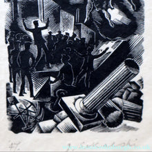 Load image into Gallery viewer, SCOTTISH ART. Rare Original 1947 Wood Engraving by Jozef Sekalski. Design for a Christmas Card Entitled "Boogie Woogie". Pencil Signed
