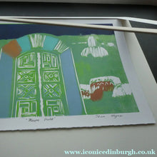 Load image into Gallery viewer, Thora Clyne Colour Woodcut. Fantasy Serbian Landscape 1988
