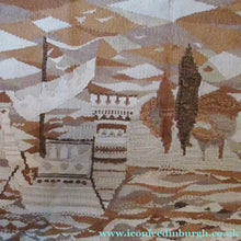 Load image into Gallery viewer, SCOTTISH ART: Vintage 1960s WOVEN TAPESTRY by Maureen Hodge. Panoramic Landscape with a Sailing Boat on the Seashore
