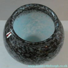Load image into Gallery viewer, SCOTTISH GLASS. MONART Glass Vase. Bulbous Shape (A). Mottled Lilac Grey-Blue with Black Flecks &amp; Gold Aventurine at the Rim
