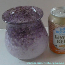 Load image into Gallery viewer, SCOTTISH GLASS. MONART Glass Vase. Bulbous Vase with Rim Shape RA. Pink with Lilac and Purple Rim &amp; Gold Aventurine. 4 3/4 inches high
