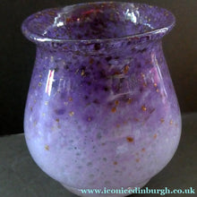 Load image into Gallery viewer, SCOTTISH GLASS. MONART Glass Vase. Bulbous Vase with Rim Shape RA. Pink with Lilac and Purple Rim &amp; Gold Aventurine
