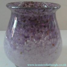 Load image into Gallery viewer, SCOTTISH GLASS. MONART Glass Vase. Bulbous Vase with Rim Shape RA. Pink with Lilac and Purple Rim &amp; Gold Aventurine. 4 3/4 inches high
