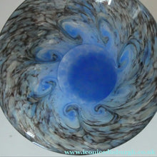 Load image into Gallery viewer, SCOTTISH GLASS. MONART Glass Vase. Thistle Shape. Mottled Powder Blue and Black Flecks &amp; Gold Aventurine at the Rim
