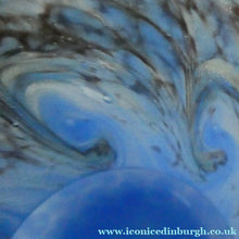 Load image into Gallery viewer, SCOTTISH GLASS. MONART Glass Vase. Thistle Shape. Mottled Powder Blue and Black Flecks &amp; Gold Aventurine at the Rim
