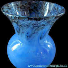 Load image into Gallery viewer, SCOTTISH GLASS. MONART Glass Vase. Thistle Shape. Mottled Powder Blue and Black Flecks &amp; Gold Aventurine at the Rim
