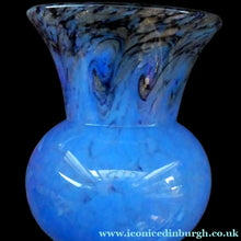 Load image into Gallery viewer, SCOTTISH GLASS. MONART Glass Vase. Thistle Shape. Mottled Powder Blue and Black Flecks &amp; Gold Aventurine at the Rim

