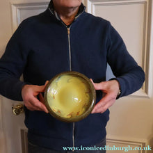 Load image into Gallery viewer, 1950s Scottish STRATHEARN Glass Shallow Bowl in Eye-Catching Yellow Shade with Tutti Frutti &amp; Black Flecks
