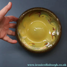 Load image into Gallery viewer, 1950s Scottish STRATHEARN Glass Shallow Bowl in Eye-Catching Yellow Shade with Tutti Frutti &amp; Black Flecks
