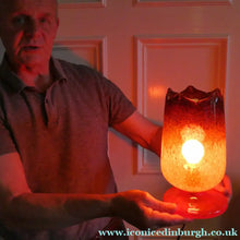 Load image into Gallery viewer, 1950s Scottish VASART Glass Tulip Lamp in Swirly Scarlet Red and Black Shades. WORKING
