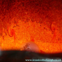 Load image into Gallery viewer, 1950s Scottish VASART Glass Tulip Lamp in Swirly Scarlet Red and Black Shades. WORKING
