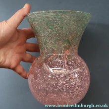 Load image into Gallery viewer, Later 1980s PERTHSHIRE GLASS Art Glass Vase. Thistle Shaped mottled pink and green shades. 7 inches high
