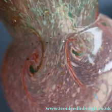 Load image into Gallery viewer, Later 1980s PERTHSHIRE GLASS Art Glass Vase. Thistle Shaped mottled pink and green shades. 7 inches high
