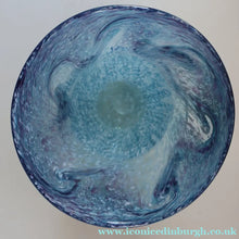 Load image into Gallery viewer, Later 1980s PERTHSHIRE GLASS Art Glass Vase. Mottled Light Blue Glass with Swirls Around the Rim. 8 1/2 inches in height
