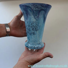 Load image into Gallery viewer, Later 1980s PERTHSHIRE GLASS Art Glass Vase. Mottled Light Blue Glass with Swirls Around the Rim. 8 1/2 inches in height

