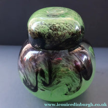 Load image into Gallery viewer, Later 1990s PERTHSHIRE GLASS Art Glass Lidded Ginger Jar. Mottled Green with Dark Purple Swirls
