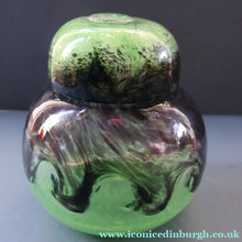 Load image into Gallery viewer, Later 1990s PERTHSHIRE GLASS Art Glass Lidded Ginger Jar. Mottled Green with Dark Purple Swirls
