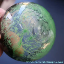 Load image into Gallery viewer, Later 1990s PERTHSHIRE GLASS Art Glass Lidded Ginger Jar. Mottled Green with Dark Purple Swirls
