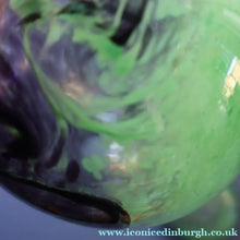 Load image into Gallery viewer, Later 1990s PERTHSHIRE GLASS Art Glass Lidded Ginger Jar. Mottled Green with Dark Purple Swirls
