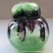 Load image into Gallery viewer, Later 1990s PERTHSHIRE GLASS Art Glass Lidded Ginger Jar. Mottled Green with Dark Purple Swirls
