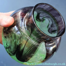 Load image into Gallery viewer, Later 1990s PERTHSHIRE GLASS Art Glass Lidded Ginger Jar. Mottled Green with Dark Purple Swirls
