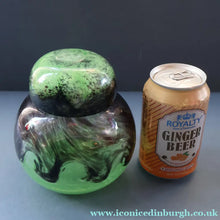 Load image into Gallery viewer, Later 1990s PERTHSHIRE GLASS Art Glass Lidded Ginger Jar. Mottled Green with Dark Purple Swirls
