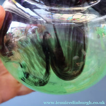 Load image into Gallery viewer, Later 1990s PERTHSHIRE GLASS Art Glass Lidded Ginger Jar. Mottled Green with Dark Purple Swirls
