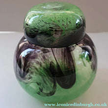 Load image into Gallery viewer, Later 1990s PERTHSHIRE GLASS Art Glass Lidded Ginger Jar. Mottled Green with Dark Purple Swirls
