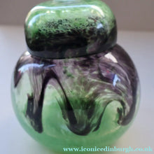 Load image into Gallery viewer, Later 1990s PERTHSHIRE GLASS Art Glass Lidded Ginger Jar. Mottled Green with Dark Purple Swirls
