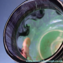 Load image into Gallery viewer, Later 1990s PERTHSHIRE GLASS Art Glass Lidded Ginger Jar. Mottled Green with Dark Purple Swirls
