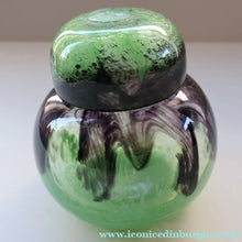 Load image into Gallery viewer, Later 1990s PERTHSHIRE GLASS Art Glass Lidded Ginger Jar. Mottled Green with Dark Purple Swirls

