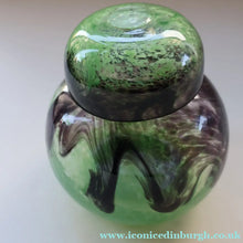 Load image into Gallery viewer, Later 1990s PERTHSHIRE GLASS Art Glass Lidded Ginger Jar. Mottled Green with Dark Purple Swirls
