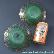 Load image into Gallery viewer, SCOTTISH GLASS. Collectable Small PAIR of 1930s Monart Bowls. Aqua with Silver Aventurine (G)
