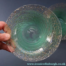 Load image into Gallery viewer, SCOTTISH GLASS. Collectable Small PAIR of 1930s Monart Bowls. Aqua with Silver Aventurine (G)
