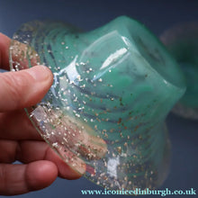Load image into Gallery viewer, SCOTTISH GLASS. Collectable Small PAIR of 1930s Monart Bowls. Aqua with Silver Aventurine (G)
