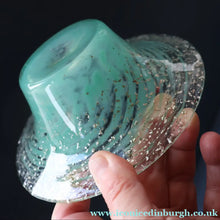 Load image into Gallery viewer, SCOTTISH GLASS. Collectable Small PAIR of 1930s Monart Bowls. Aqua with Silver Aventurine (G)
