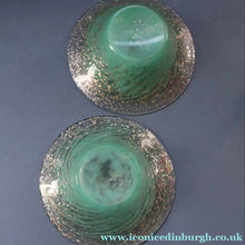 Load image into Gallery viewer, SCOTTISH GLASS. Collectable Small PAIR of 1930s Monart Bowls. Aqua with Silver Aventurine (G)

