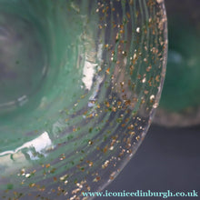 Load image into Gallery viewer, SCOTTISH GLASS. Collectable Small PAIR of 1930s Monart Bowls. Aqua with Silver Aventurine (G)
