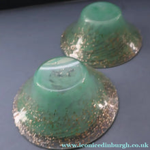 Load image into Gallery viewer, SCOTTISH GLASS. Collectable Small PAIR of 1930s Monart Bowls. Aqua with Silver Aventurine (H)
