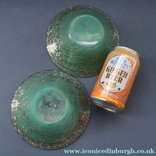 Load image into Gallery viewer, SCOTTISH GLASS. Collectable Small PAIR of 1930s Monart Bowls. Aqua with Silver Aventurine (H)
