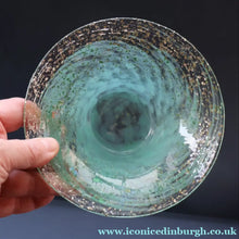 Load image into Gallery viewer, SCOTTISH GLASS. Collectable Small PAIR of 1930s Monart Bowls. Aqua with Silver Aventurine (H)
