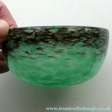 Load image into Gallery viewer, 1920s Small Monart Green Glass Bowl with Black Rim &amp; Gold Aventurines
