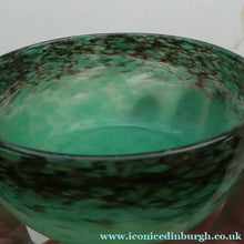 Load image into Gallery viewer, 1920s Small Monart Green Glass Bowl with Black Rim &amp; Gold Aventurines
