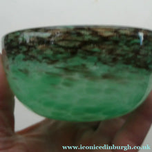 Load image into Gallery viewer, 1920s Small Monart Green Glass Bowl with Black Rim &amp; Gold Aventurines
