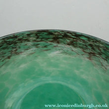 Load image into Gallery viewer, 1920s Small Monart Green Glass Bowl with Black Rim &amp; Gold Aventurines
