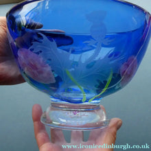Load image into Gallery viewer, Fine Caithness Glass Bowl; etched thistles &amp; floral design. Bank of Scotland Tercentenary 1995
