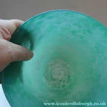 Load image into Gallery viewer, Large MONART Scottish Art Glass Vase. G Shape. Mottled Aqua Green &amp; Blue. 7 1/4 inches high 
